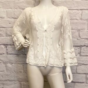 3X Sheer Lace Blouse Top with Bell Sleeves White Fairy Romantic Chris McLaughlin